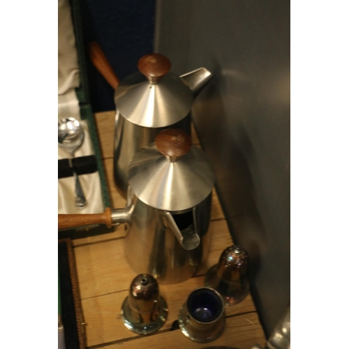 180 - Silver-plated items to include retro Old Hall stainless steel hot chocolate pots.