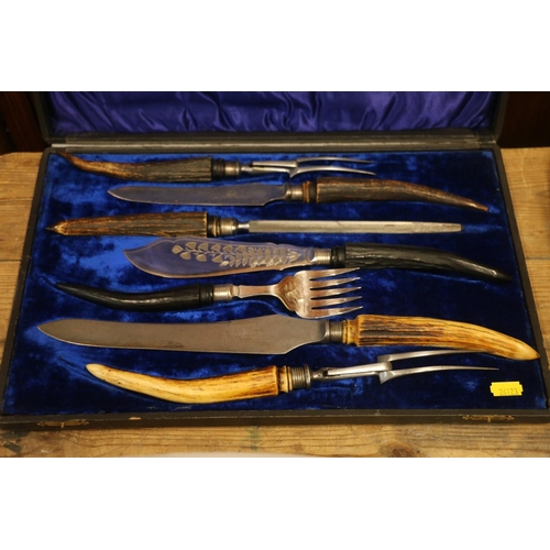 182 - Frank Mills of Sheffield horn handled carving set in fitted case.