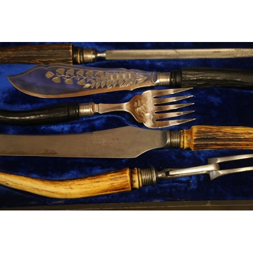 182 - Frank Mills of Sheffield horn handled carving set in fitted case.