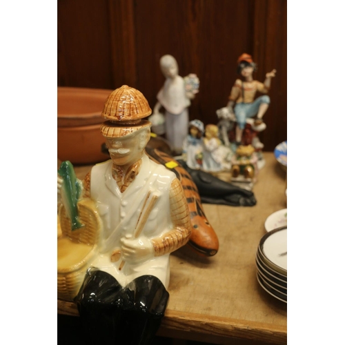 185 - Ballantyne's liqueur bottle in the form of fisherman, a Beswick Beatrix Potter Mr Jackson frog model... 