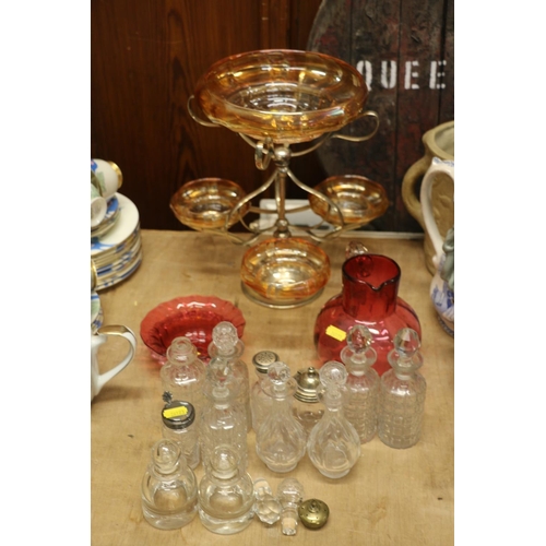 187 - Victorian cranberry glass jug, a similar bonbon dish, an Art Glass epergne on stand, and glass bottl... 