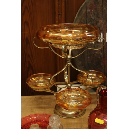 187 - Victorian cranberry glass jug, a similar bonbon dish, an Art Glass epergne on stand, and glass bottl... 