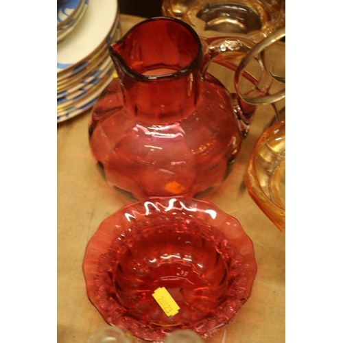 187 - Victorian cranberry glass jug, a similar bonbon dish, an Art Glass epergne on stand, and glass bottl... 