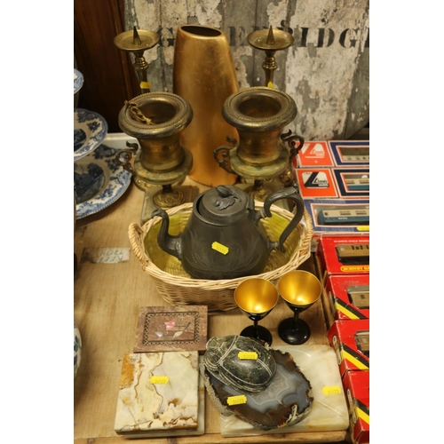 189 - Pair of cast brass candle prickets, two campagna style urns, a pewter teapot, an Indian pietra dura ... 