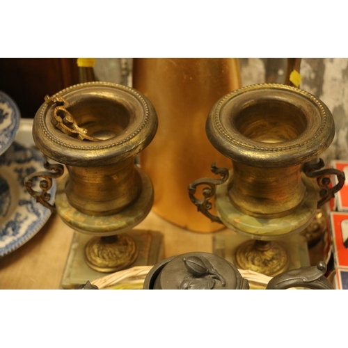 189 - Pair of cast brass candle prickets, two campagna style urns, a pewter teapot, an Indian pietra dura ... 