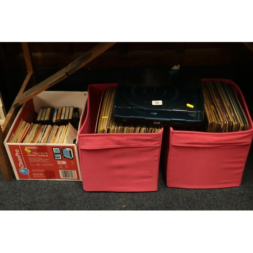 190 - Seal turntable, two boxes containing vintage LPs, and a box of singles and cassettes. 