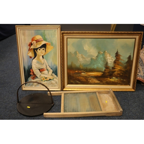 198 - Cast iron griddle pan, a vintage scrub board, and two oil paintings.