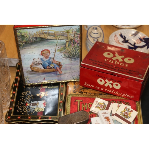 213 - Vintage tins to include OXO, a Japanese tin, etc.