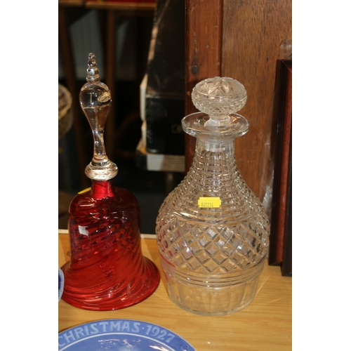 216 - Victorian cranberry glass hand bell, a cut-glass decanter, a 19th century transfer printed blue and ... 