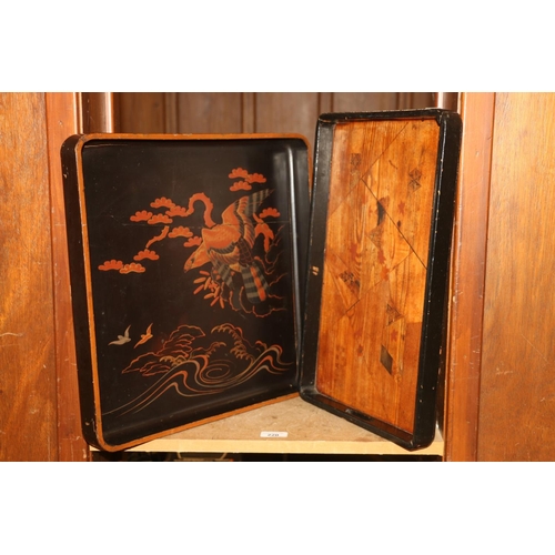 220 - Japanese Yosegi marquetry lacquered tray, and another.  (2)