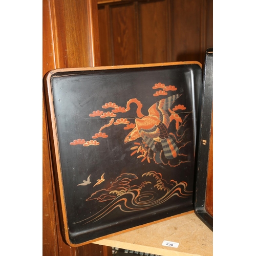 220 - Japanese Yosegi marquetry lacquered tray, and another.  (2)