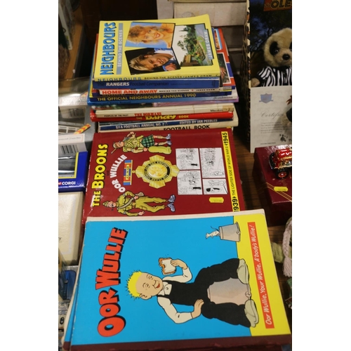 226 - Oor Wullie and Broons annuals to include 1970s, also Neighbours, Home and Away, Scottish Football, D... 