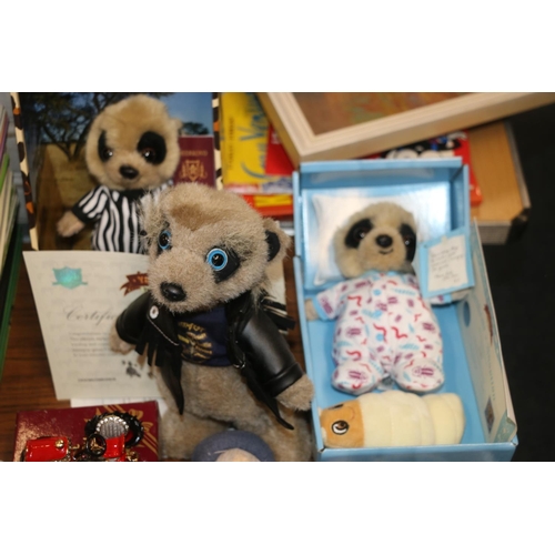 227 - Two Compare the Market Meerkat toys to include Baby Oleg, both boxed, another, a Leonardo Collection... 