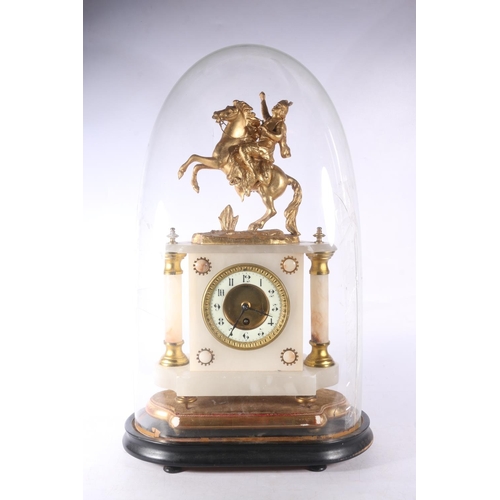 4 - Alabaster and spelter clock under dome, top decorated with rider on rearing horse.