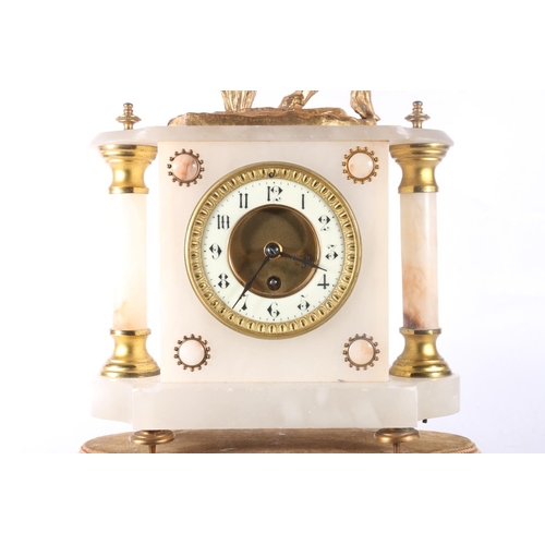 4 - Alabaster and spelter clock under dome, top decorated with rider on rearing horse.