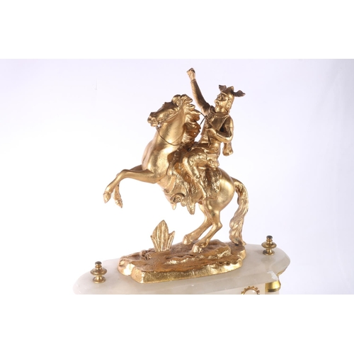 4 - Alabaster and spelter clock under dome, top decorated with rider on rearing horse.