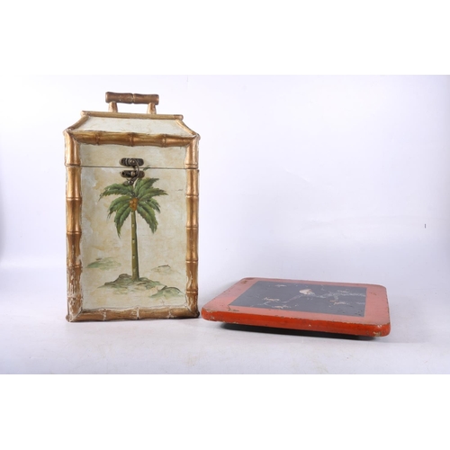 43 - Bamboo effect hand-painted hinge-top box and a Japanese lacquered panel decorated with abalone and m... 