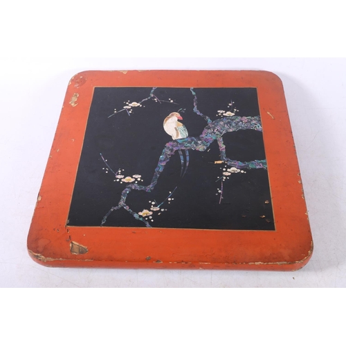 43 - Bamboo effect hand-painted hinge-top box and a Japanese lacquered panel decorated with abalone and m... 