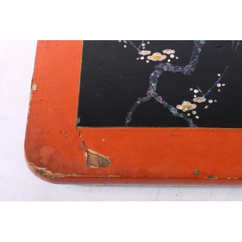 43 - Bamboo effect hand-painted hinge-top box and a Japanese lacquered panel decorated with abalone and m... 