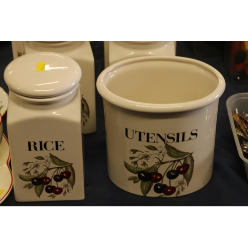 52 - Kernewek of Cornwall fruit decorated storage jars, and a matching utensil jar.  (8)