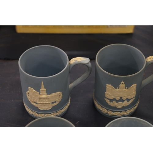 65 - Wedgwood Jasper Ware to include six tankards, two water jugs, and a smaller commemorative cup.