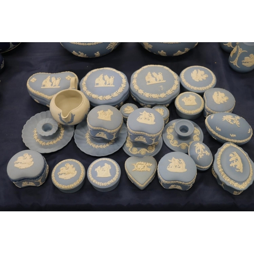 71 - Wedgwood Jasper Ware to include trinket boxes, pill boxes, dwarf candlesticks, etc.