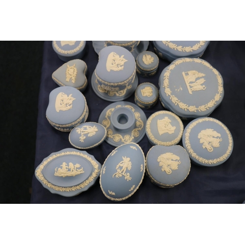 71 - Wedgwood Jasper Ware to include trinket boxes, pill boxes, dwarf candlesticks, etc.