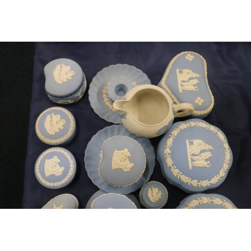 71 - Wedgwood Jasper Ware to include trinket boxes, pill boxes, dwarf candlesticks, etc.