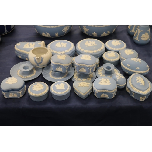 71 - Wedgwood Jasper Ware to include trinket boxes, pill boxes, dwarf candlesticks, etc.