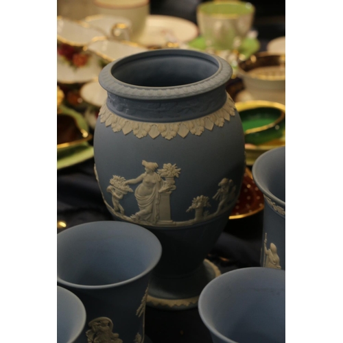 72 - Wedgwood Jasper Ware to include vases, largest, 20cm high.