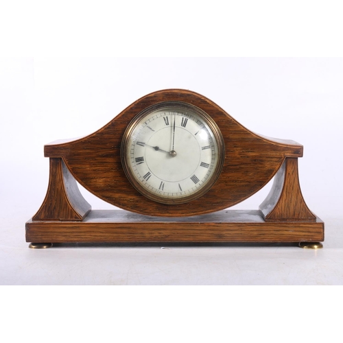 77 - Oak cased mantel clock having shaped top with French wind-up movement, possibly signed J F, 29cm wid... 