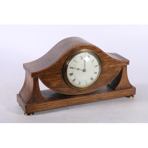 77 - Oak cased mantel clock having shaped top with French wind-up movement, possibly signed J F, 29cm wid... 