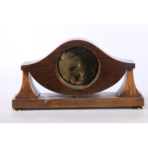 77 - Oak cased mantel clock having shaped top with French wind-up movement, possibly signed J F, 29cm wid... 