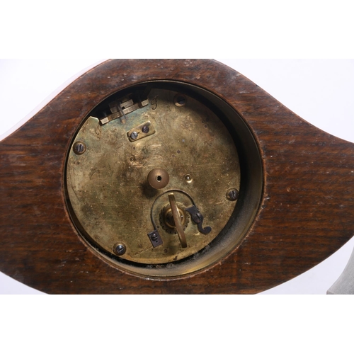 77 - Oak cased mantel clock having shaped top with French wind-up movement, possibly signed J F, 29cm wid... 