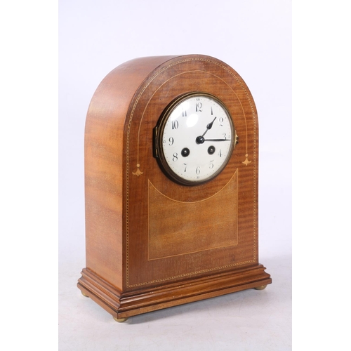 79 - Mahogany and inlaid arch-top mantel clock, movement marked Japy Freres, 31cm high.