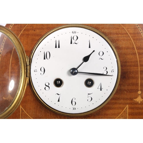 79 - Mahogany and inlaid arch-top mantel clock, movement marked Japy Freres, 31cm high.