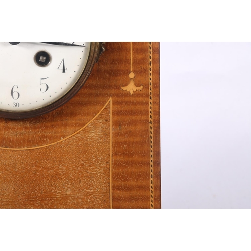 79 - Mahogany and inlaid arch-top mantel clock, movement marked Japy Freres, 31cm high.