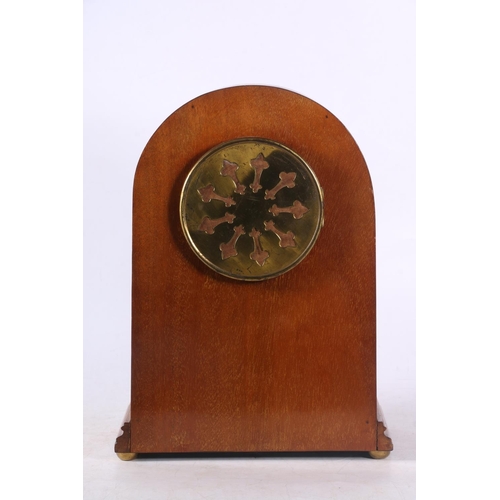 79 - Mahogany and inlaid arch-top mantel clock, movement marked Japy Freres, 31cm high.