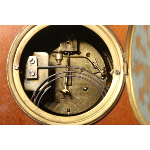 79 - Mahogany and inlaid arch-top mantel clock, movement marked Japy Freres, 31cm high.