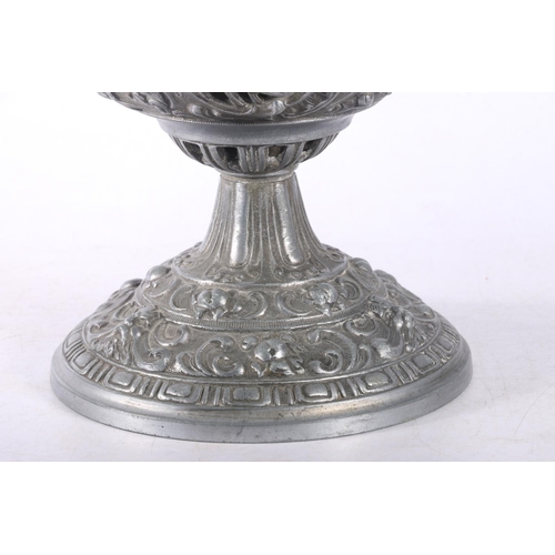 9 - David Foulis of Edinburgh cast metal and glass oil lamp, decorated with repousse masks and scrolls, ... 