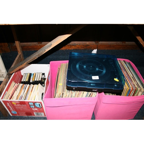 190 - Seal turntable, two boxes containing vintage LPs, and a box of singles and cassettes. 