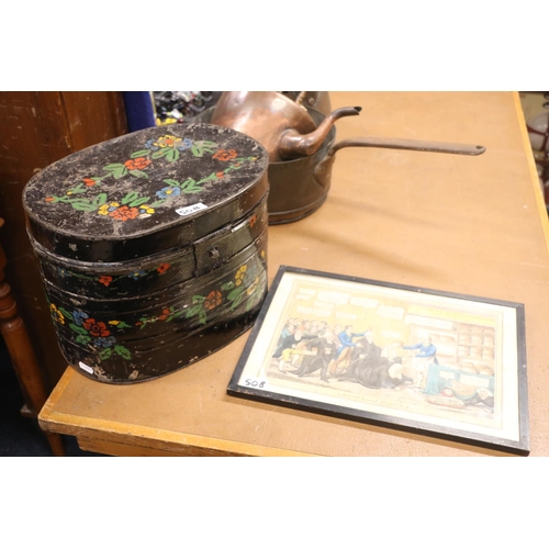 50B - Barge ware style painted metal box and a Satirical print titled 'Loaves and Fishes' published by S K... 