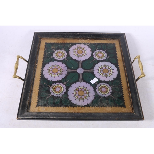 172 - Late 19th century painted tray in the Aesthetic style with ebony border and two brass handles, 37cm ... 