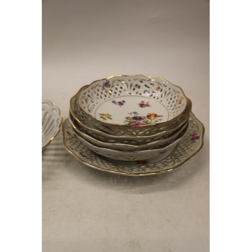 57C - Schumann Dresden reticulated porcelain to include three bowls, another smaller, and a plate, along w... 