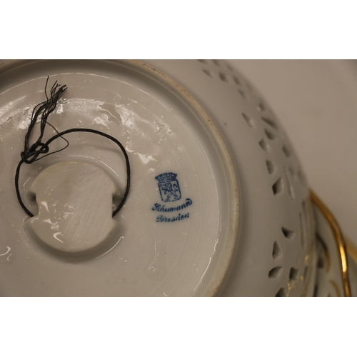 57C - Schumann Dresden reticulated porcelain to include three bowls, another smaller, and a plate, along w... 