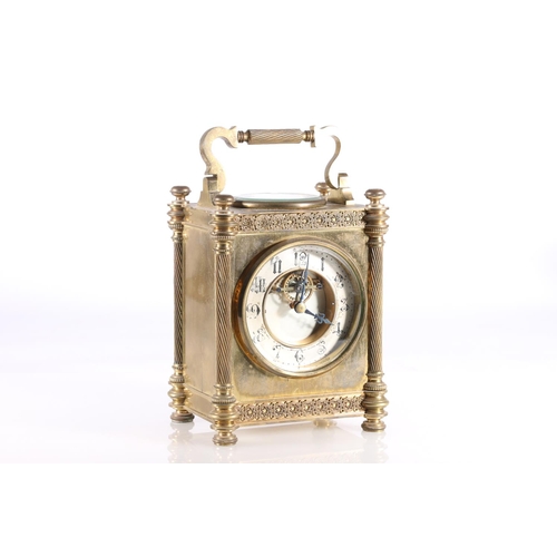 386 - c1900 French gilt metal carriage clock timepiece with integral thermometer and compass, silvered fro... 