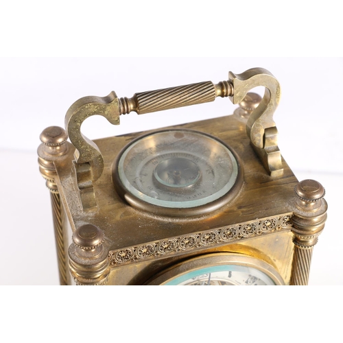 386 - c1900 French gilt metal carriage clock timepiece with integral thermometer and compass, silvered fro... 