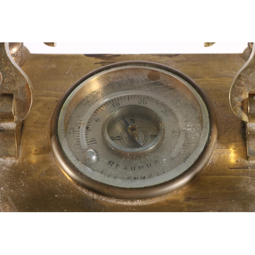 386 - c1900 French gilt metal carriage clock timepiece with integral thermometer and compass, silvered fro... 