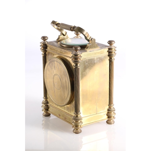 386 - c1900 French gilt metal carriage clock timepiece with integral thermometer and compass, silvered fro... 