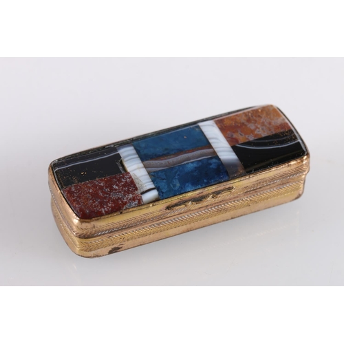 66 - Antique Scottish gilt metal vesta box, the hinged cover inset with agate and hardstone, 6cm long, 31... 